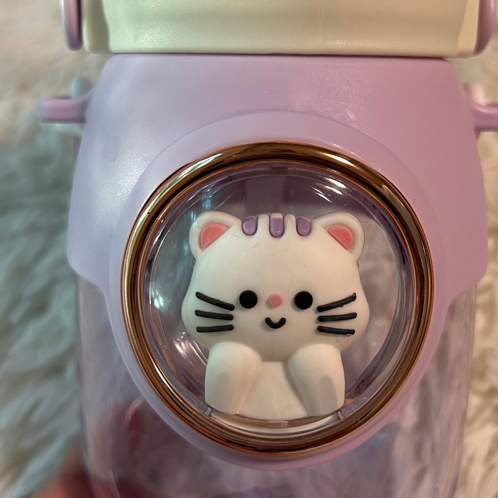 Cat Water Bottle 27oz. With handle and adjustable strap-Purple - White. Lazycat - Picture 2 of 12